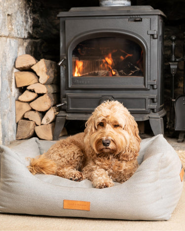 Grey Herringbone Luxury Dog Bed Lifestyle