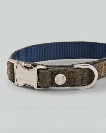 Dark Green Checked Herringbone Tweed Dog Collar Close Up