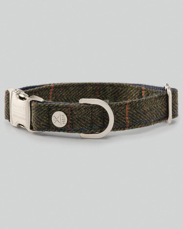 Dark Green Checked Herringbone Tweed Dog Collar D Ring