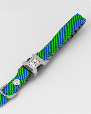 Fabric Dog Lead - Striped Navy and Green Buckle