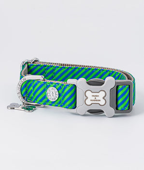 Striped Navy and Green Fabric Dog Collar
