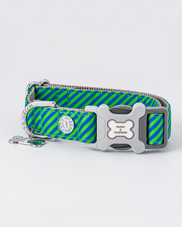 Striped Navy and Green Fabric Dog Collar