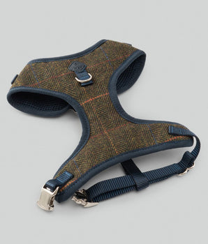 Dark Green Checked Herringbone Tweed Dog Harness