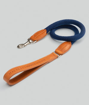 Navy Round Rope Dog Lead with Cognac Leather