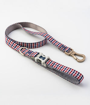 Checked Navy and Red Fabric Dog Lead