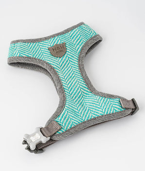 Tweed Dog Harness - Aqua Herringbone