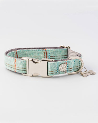 Tweed Metal Buckle Dog Collar - Aqua Checked