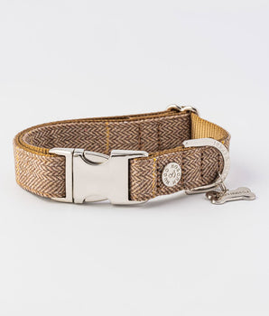 Tweed Metal Buckle Dog Collar - Caramel Checked Herringbone