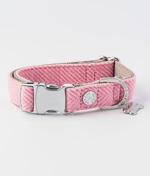 Tweed Metal Buckle Dog Collar - Pink Herringbone