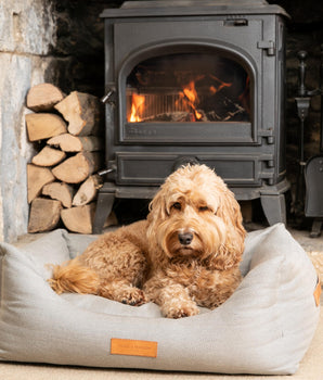 Grey Herringbone Luxury Dog Bed Lifestyle