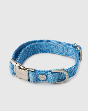 Blue Luxury Tweed Dog Collar Close Up
