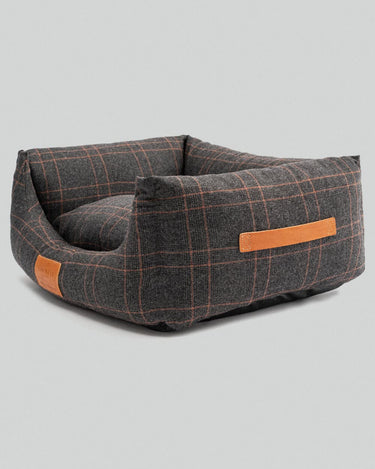 Dark Grey Checked Tweed Fabric Dog Bed Leather Handles