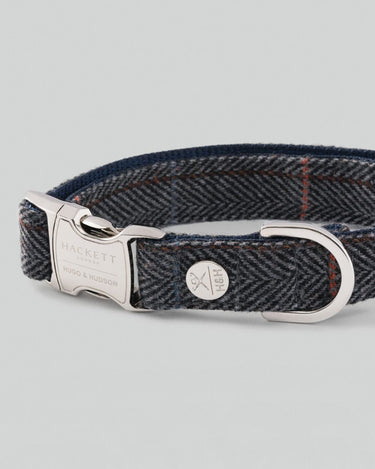 Grey Checked Herringbone Tweed Dog Collar Close Up