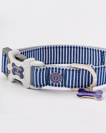 Striped Navy Fabric Dog Collar D Ring