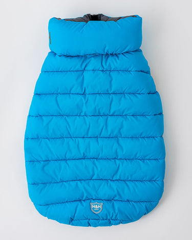 Reversible Dog Puffer Jacket - Light Blue and Grey Lead Hole