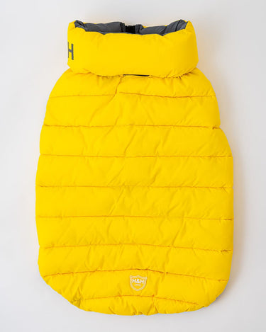 Reversible Dog Puffer Jacket - Yellow and Grey Lead Hole