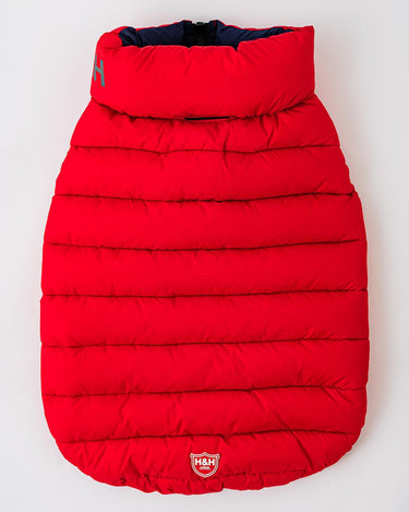 Reversible Dog Puffer Jacket - Red and Navy Lead Hole