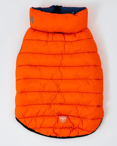 Reversible Dog Puffer Jacket - Orange and Navy Lead Hole
