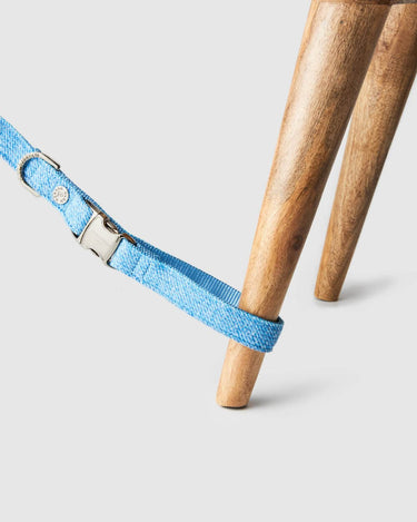 Blue Luxury Tweed Dog Lead Tied to Chair