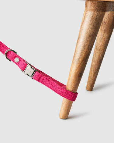 Pink Luxury Tweed Dog Lead Tied to Chair