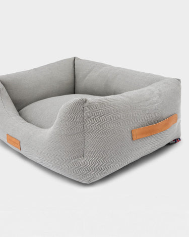 Grey Herringbone Luxury Dog Bed Side Handles