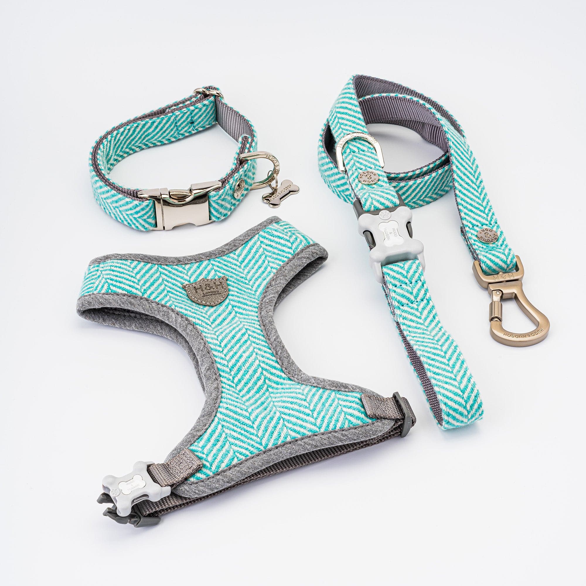 Tweed Matching Collar, Leash and Harness Set Aqua Herringbone Hugo