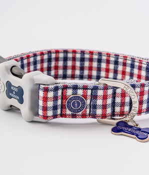 Fabric Dog Collar - Checkered Navy and Red