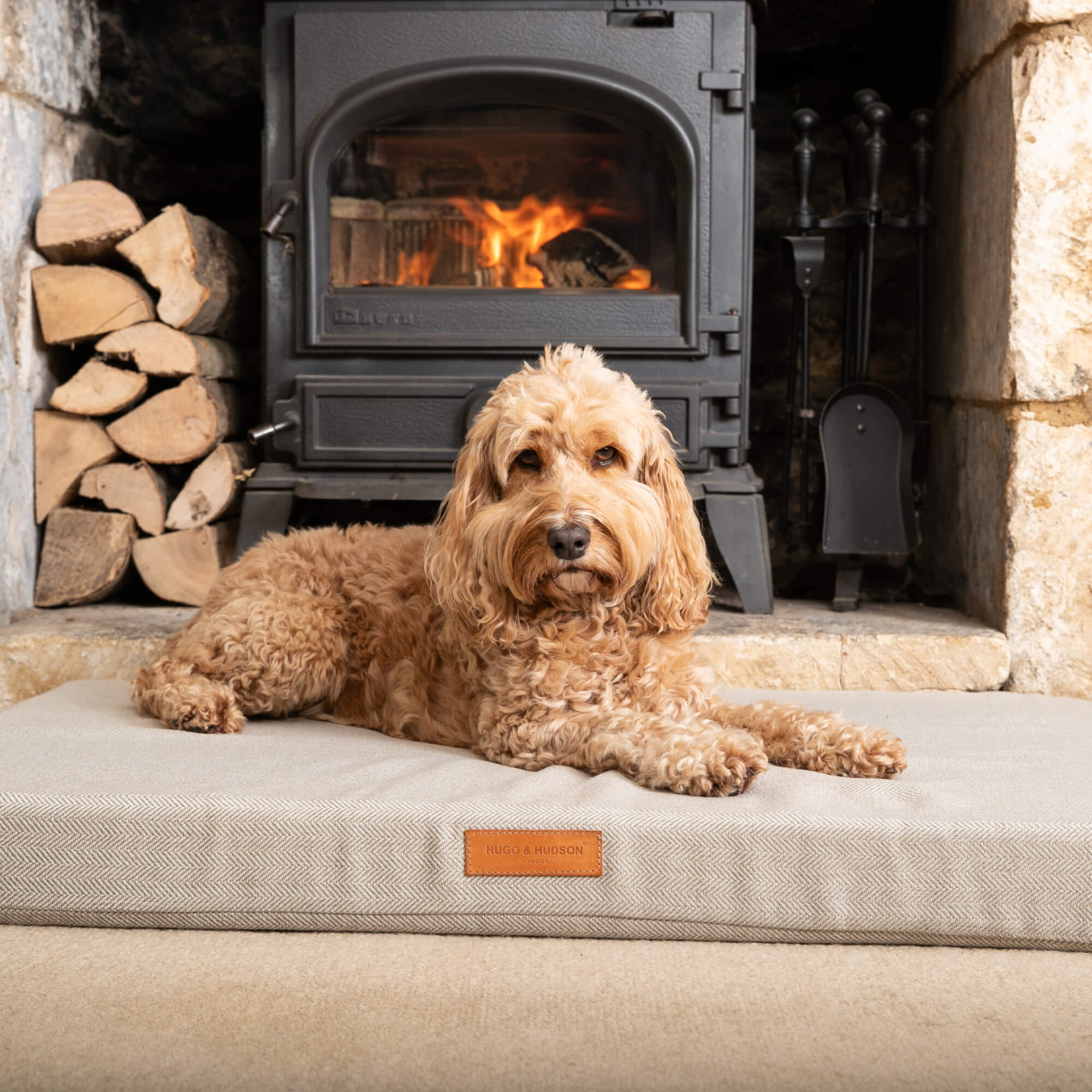 Sand Herringbone Foam Mattress Dog Bed Hugo & Hudson London