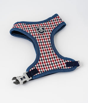 Fabric Dog Harness - Checkered Navy and Red