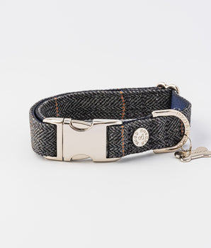 Tweed Metal Buckle Dog Collar - Grey Checkered Herringbone