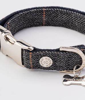 Tweed Metal Buckle Dog Collar - Grey Checkered Herringbone