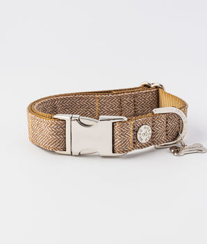 Tweed Metal Buckle Dog Collar - Caramel Checkered Herringbone