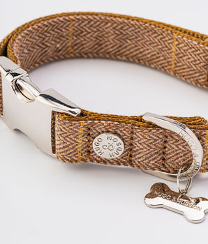 Tweed Metal Buckle Dog Collar - Caramel Checkered Herringbone
