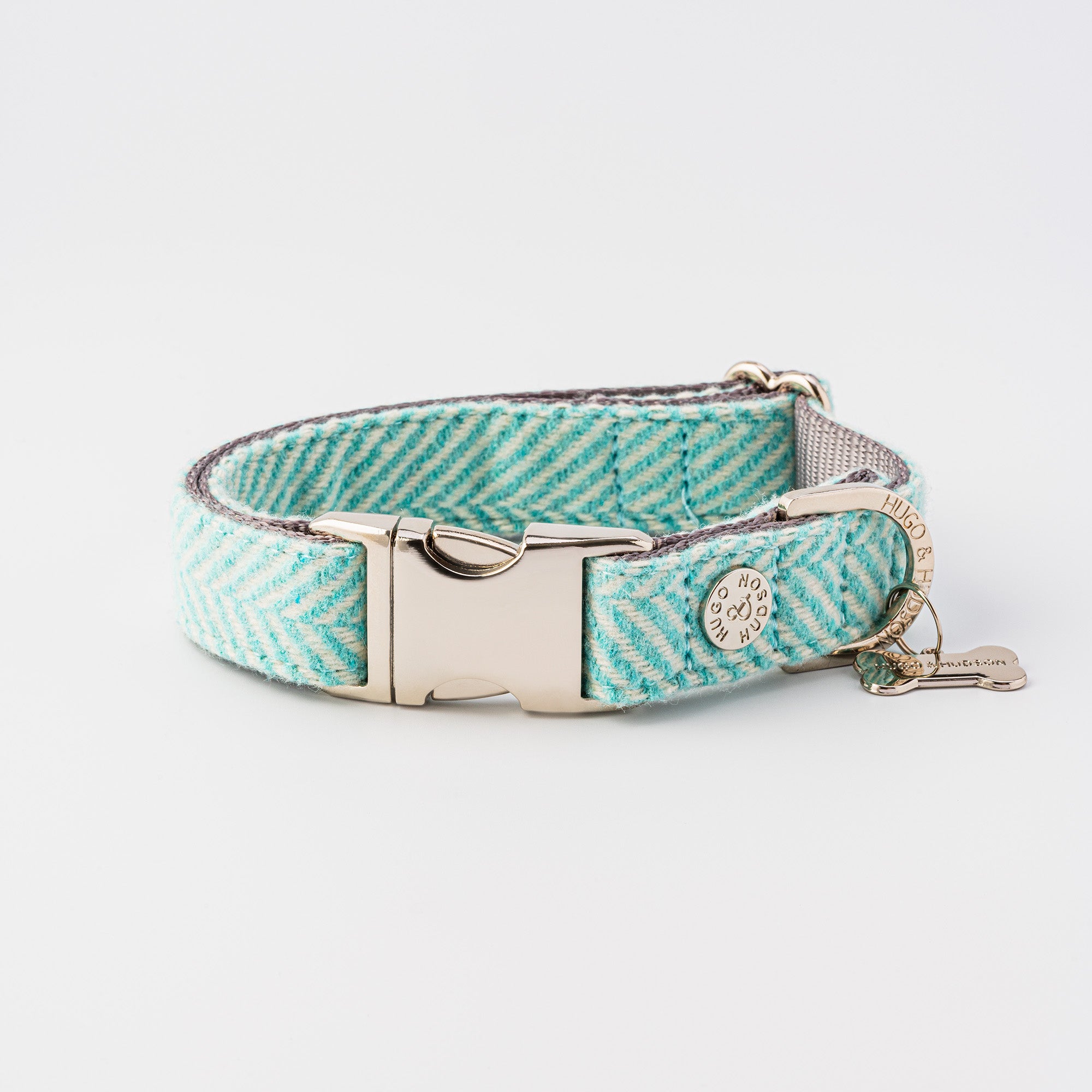 Aqua Herringbone Tweed Dog Collar