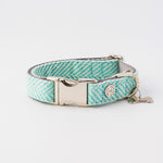 Tweed Metal Buckle Dog Collar - Aqua Herringbone