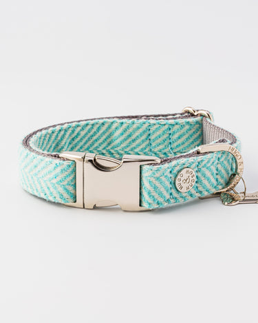 Aqua Herringbone Tweed Dog Collar