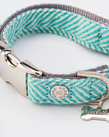 Aqua Herringbone Tweed Dog Collar