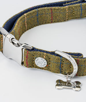 Tweed Metal Buckle Dog Collar - Dark Green Checkered