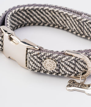 Tweed Metal Buckle Dog Collar - Grey Herringbone