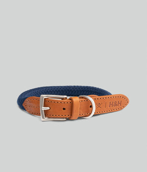 Marineblaues, rundes Hundehalsband aus Seil mit cognacfarbenem Leder