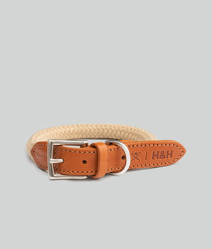 Natural Round Rope Dog Collar with Cognac Leather