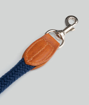 Navy Round Rope Dog Lead with Cognac Leather