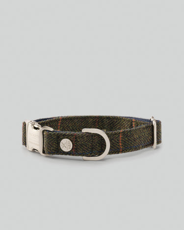 Dark Green Checked Herringbone Tweed Dog Collar