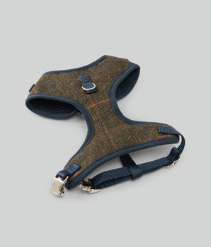 Dark Green Checked Herringbone Tweed Dog Harness