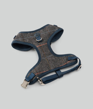 Grey Checked Herringbone Tweed Dog Harness