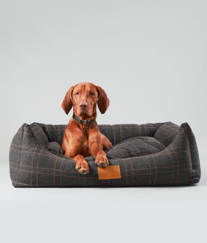 Dark Grey Checked Tweed Fabric Dog Bed