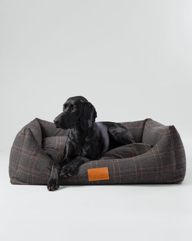 Dark Grey Checked Tweed Fabric Dog Bed