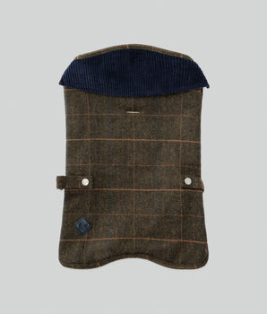 Dunkelgrün karierte Fischgräten-Tweed-Hundejacke