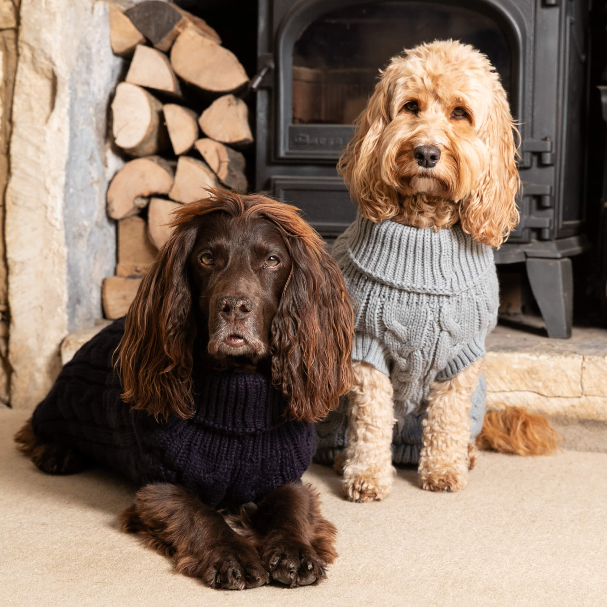 Navy and Grey Cable Knit Dog Jumper