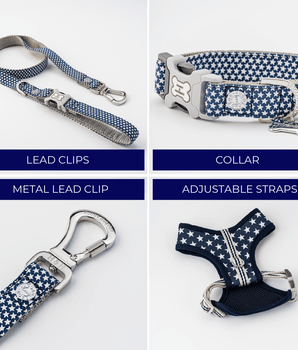 Matching Collar, Lead and Harness Set - Navy Star